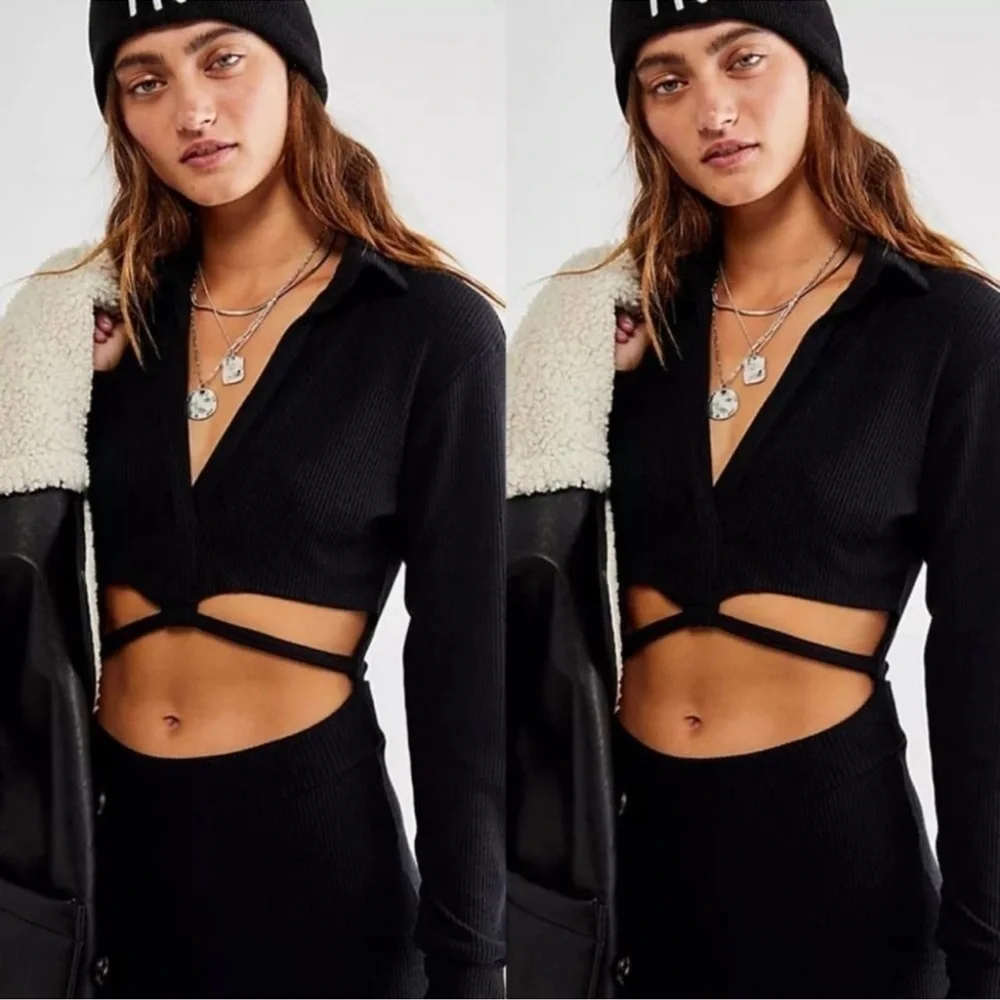 Free People LNA Emily Ribbed Jumpsuit Size Small Black